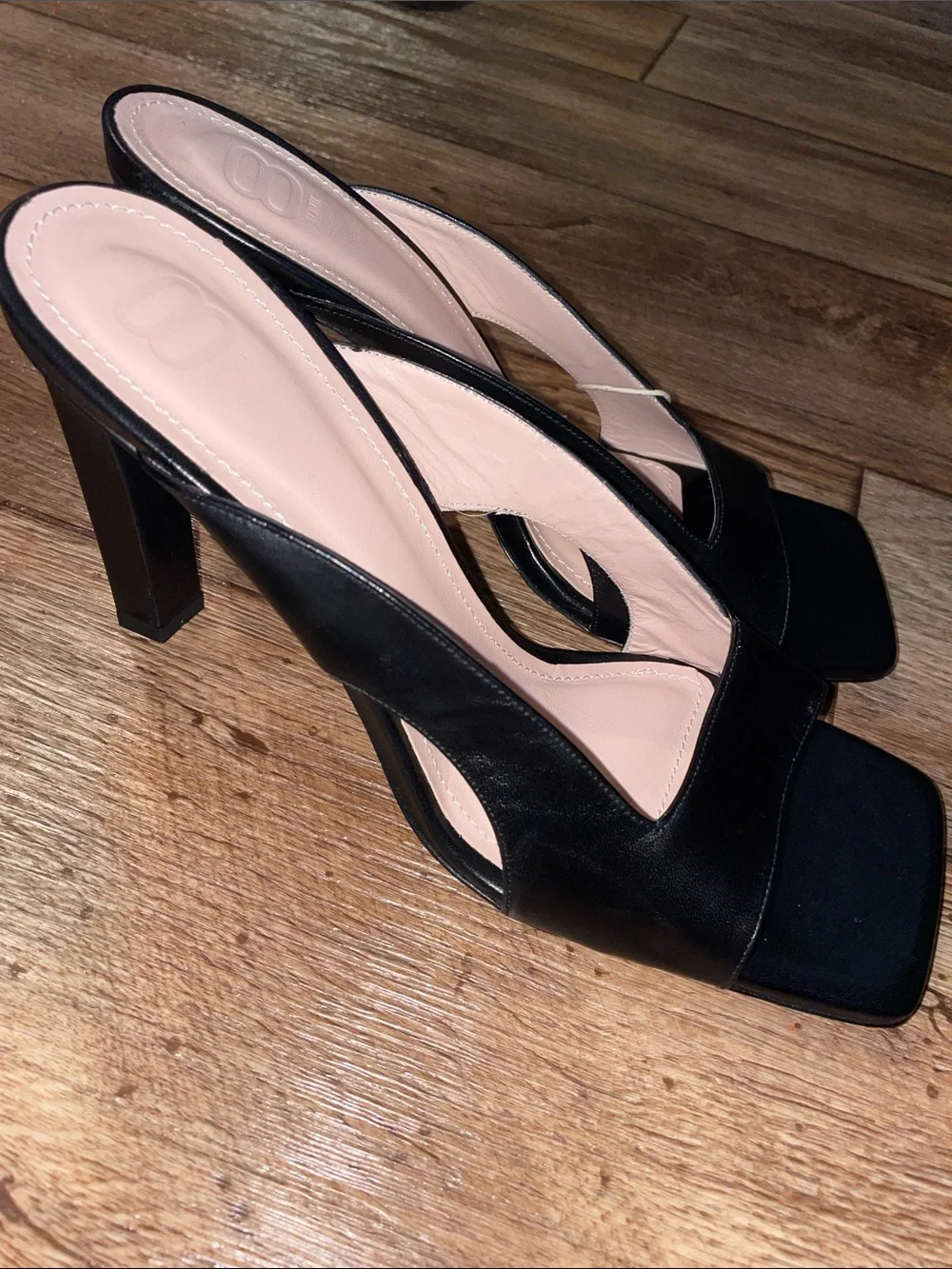 Black Leather Slip on Open-Toe Mule Heels Women Size 9.5/10